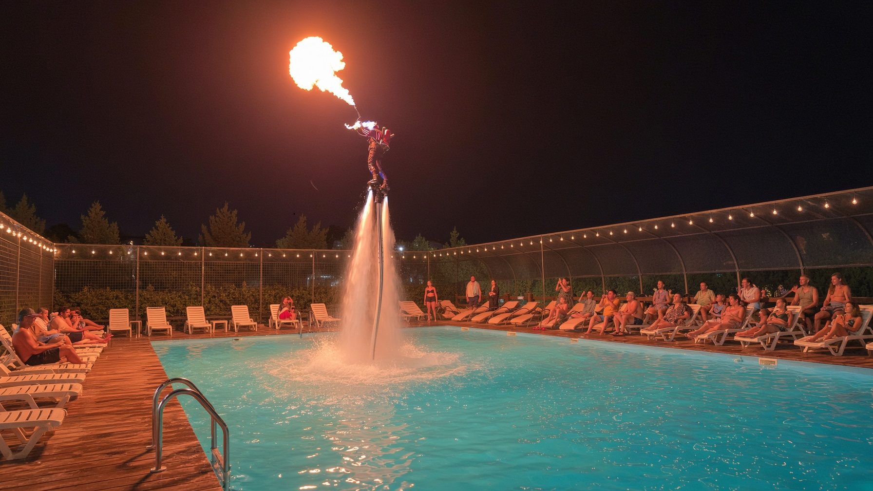 Valerii on a flyboard breathing a fireball over a hotel pool at night, guests watching from the deck