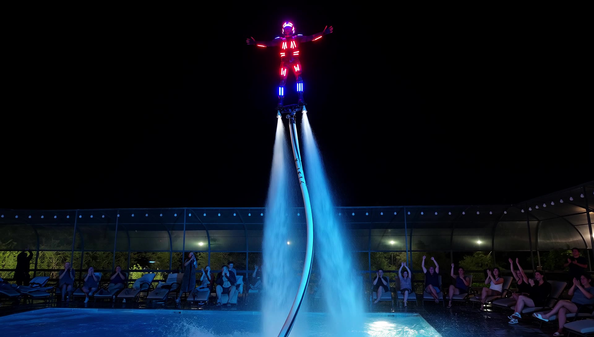 Night LED flyboard show over a hotel pool, Valerii in a lit suit above the water with guests watching